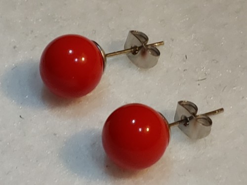 Stud Pierced Earrings - 9 mm DIA - Red Glass Ball - Silver tone - Picture 2 of 6