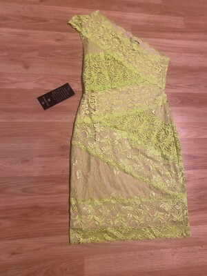 NWT bebe green and beige lace One Shoulder dress floral Club Tropicana |  eBay