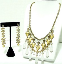 Set NEVER WORN Gold Tone Yellowish Tan NECKLACE and Long Pierced EARRINGS
