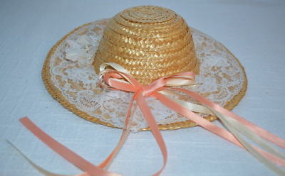 Vintage Straw Decorative Hat with Lace and Peach and Cream Ribbon