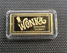 "WONKA GOLDEN TICKET" 5 Gram 999 Silver Bullion Bar In Capsule - 24k Gold Plate