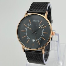Unisex GENEVA Rose Gold Tone Black Watch, Steel Mesh Band, 40mm, Date, Runs