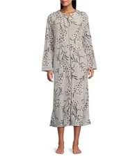 Miss Elaine Luxe Fleece Zip Front Robe 2X Silver w/ Peach Blossom Print $78 NWT