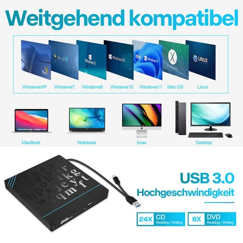 Externes DVD Laufwerk USB 3.0 Typ-C Brenner Slim CD DVD-RW Brenner Für PC Laptop - Bild 5 von 14