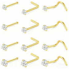PAIR Nose Stud Pin Bar Surgical Steel Clear Gem Nose Piercing L Screw Straight