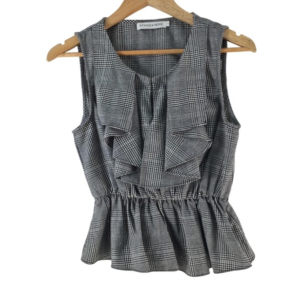 Atmos&Here Blouse Womens 10 Grey Check Ruffle Peplum Sleeveless Top 139723