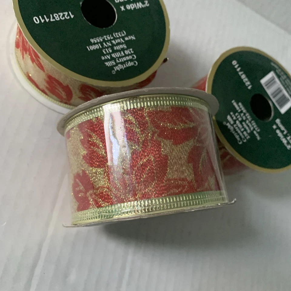 Set of 3 Christmas Ribbon Glitter Red & Gold Poincetta On Burlap 2”Wx9”L - Image 4 of 4
