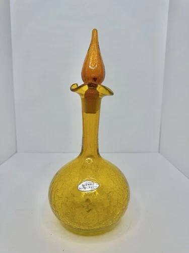Vintage MCM Blenko Glass 37 Decanter In Jonquil 12.25” W/stopper & Label