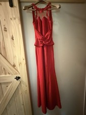 women’s red sleeveless prom dress, slit