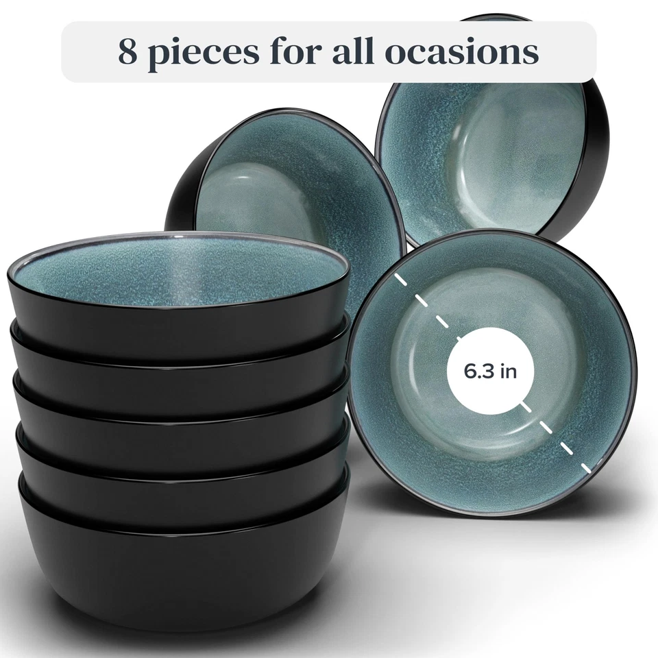 Juego de tazones de sopa grandes de gres 8 piezas - 26 oz pasta y cereal azul gasolina oscuro... Foto 3 de 4