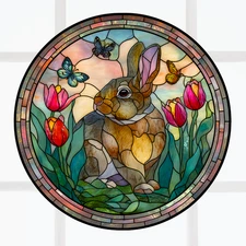Bunny & Tulips Faux Stained-Glass WINDOW CLING Size 8" Round Vinyl