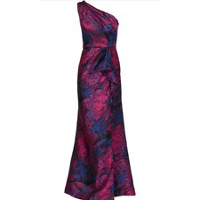Adrianna Papell One Shoulder Jacquard Gown Navy Orchid Floral AP1E210810 Sz 18