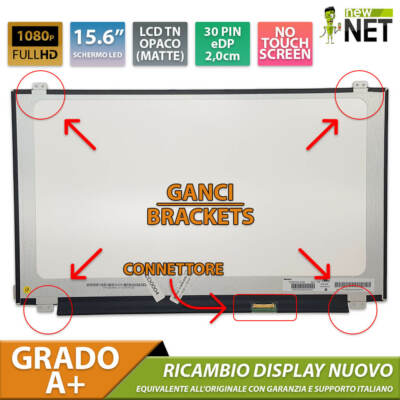 Pannello LCD 15.6" HD 1366x768 Compatibile Lenovo ThinkPad L560, L570, L580, Connettore 30 Pin, Codice Display Verificato