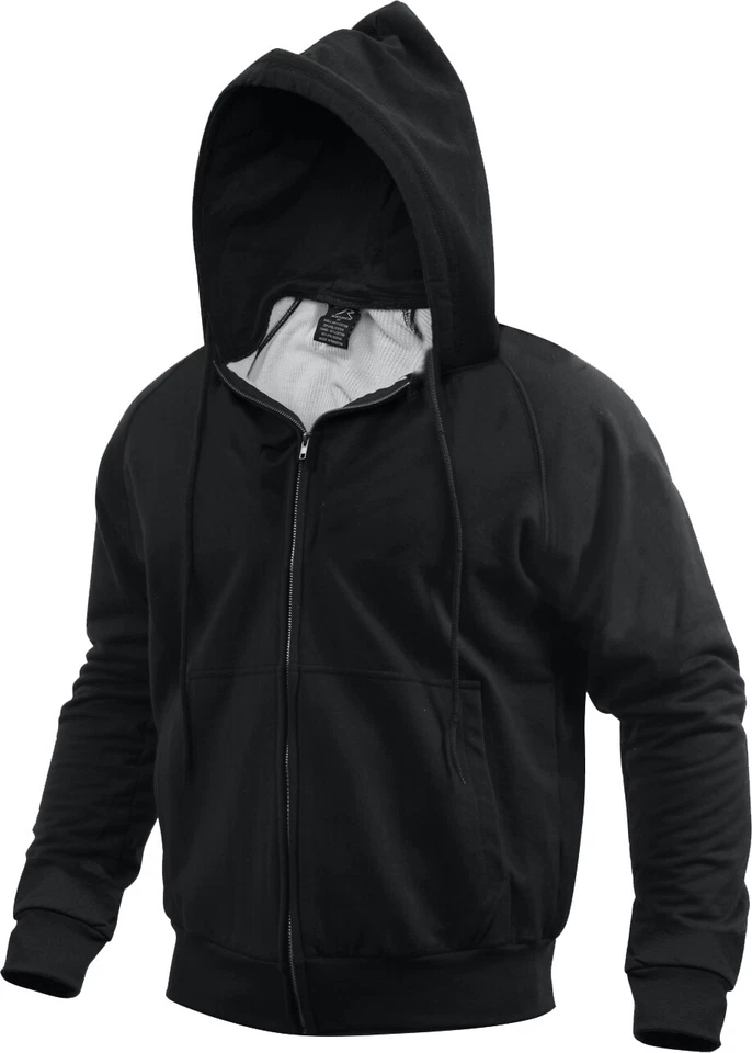 Sudadera con capucha de peso pesado forrada térmicamente negra con cremallera para hombre Foto 3 de 4