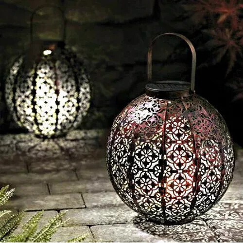 Solar LED Garden Lantern Hanging Outdoor Light Round Metal Moroccan Demasque - Picture 11 of 24