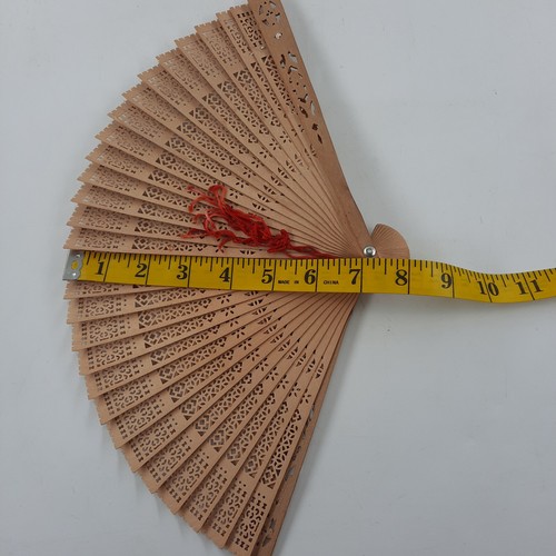 Folding Fan Hand-Carved Sandalwood Fan Brown Vintage Handmade 14x8 Inches EUC - Picture 4 of 9
