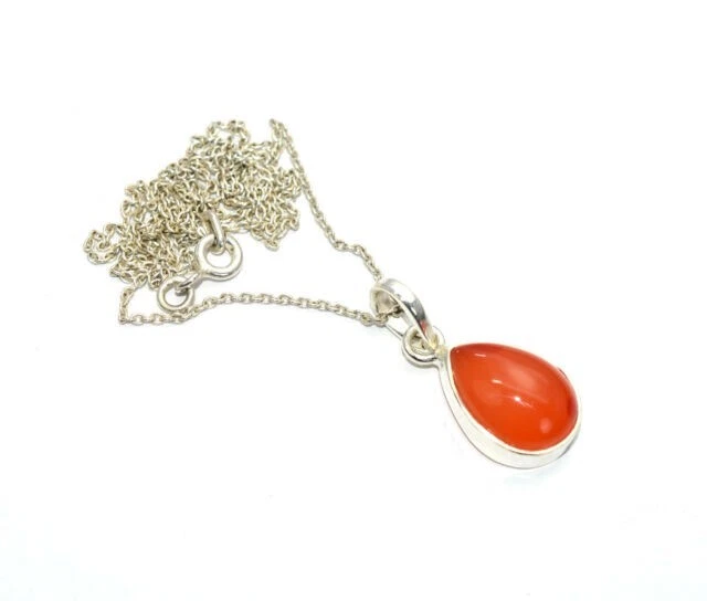 Spirituale Crescita Arancione Corniola Pera Gemma 925 Argento Sterling Collana - Immagine 4 di 4
