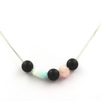Halskette Perlen Schwarz Onyx Matt 8 Mm + Kunzit Du Brazilien + Amazonit Kette