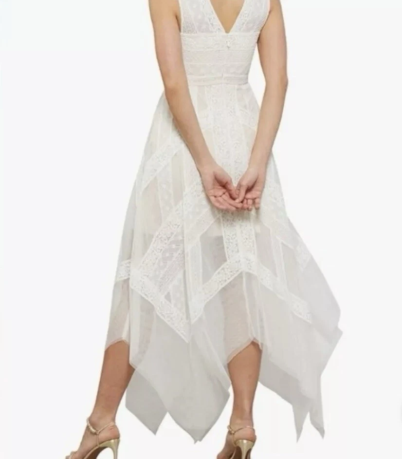 OFF WHITE Maxi abito BCBG MaxAzria Andi bianco sporco pizzo trasparente sera tulle nuovo con etichette taglia 6 398$