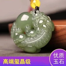 Chinese Antique Natural Green Jade Carved Pixiu Necklace Pendant
