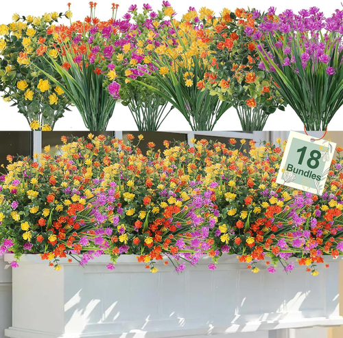 18 Bundles Artificial Flowers Outdoor Fake Flowers UV Resistant Spring Flowers F