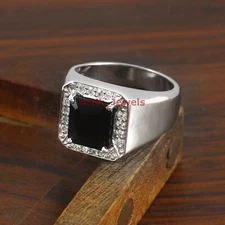 Natural Black Onyx And CZ Gemstone with 925 Sterling Silver Ring for Men's #212
