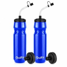 QuiFit Lacrosse Water Bottle with Long Straw -32oz Hockey 32 Ounces, Blue