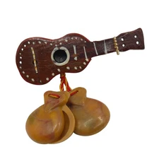 VTG Brooch Handcrafted Artesian Wood Guitar Castanets Musical Folk Art Figural