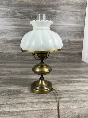 Electrified Brass Oil Hurricane Lamp With Milk Glass Shade