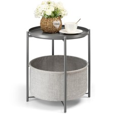 Round Side Table with Fabric Storage Basket, Metal Side Table Small Bedside T...
