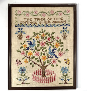 Handmade Tree of Life Embroidery Vintage Sampler Picture Birds Flowers Folk Art