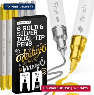 ARTISTRO Gold & Silver Acrylic Paint Pens - Dual Tip Markers - Brush & Fine Tip