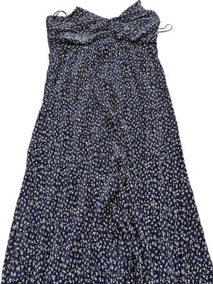 A New Day Dress Womens Large Navy Floral Pleated Halter Midi Ruched Bodice 