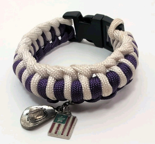 Paracord Bracelet in Purple & White with Cowboy & American Flag Charms 7.75"