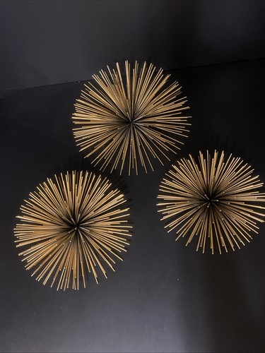 SET of 3 MCM Style VTG Gold Atomic Metal Starburst Wall Decor Sea Urchin 1960’s - Picture 2 of 12