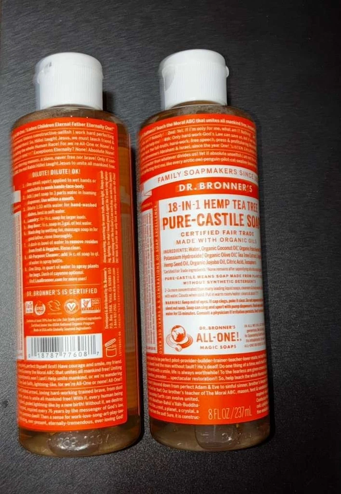 Dr. Bronner's Tea Tree Pure Castile Soap 8oz Organic Vegan Non-GMO 2 Pack - Image 3 of 4