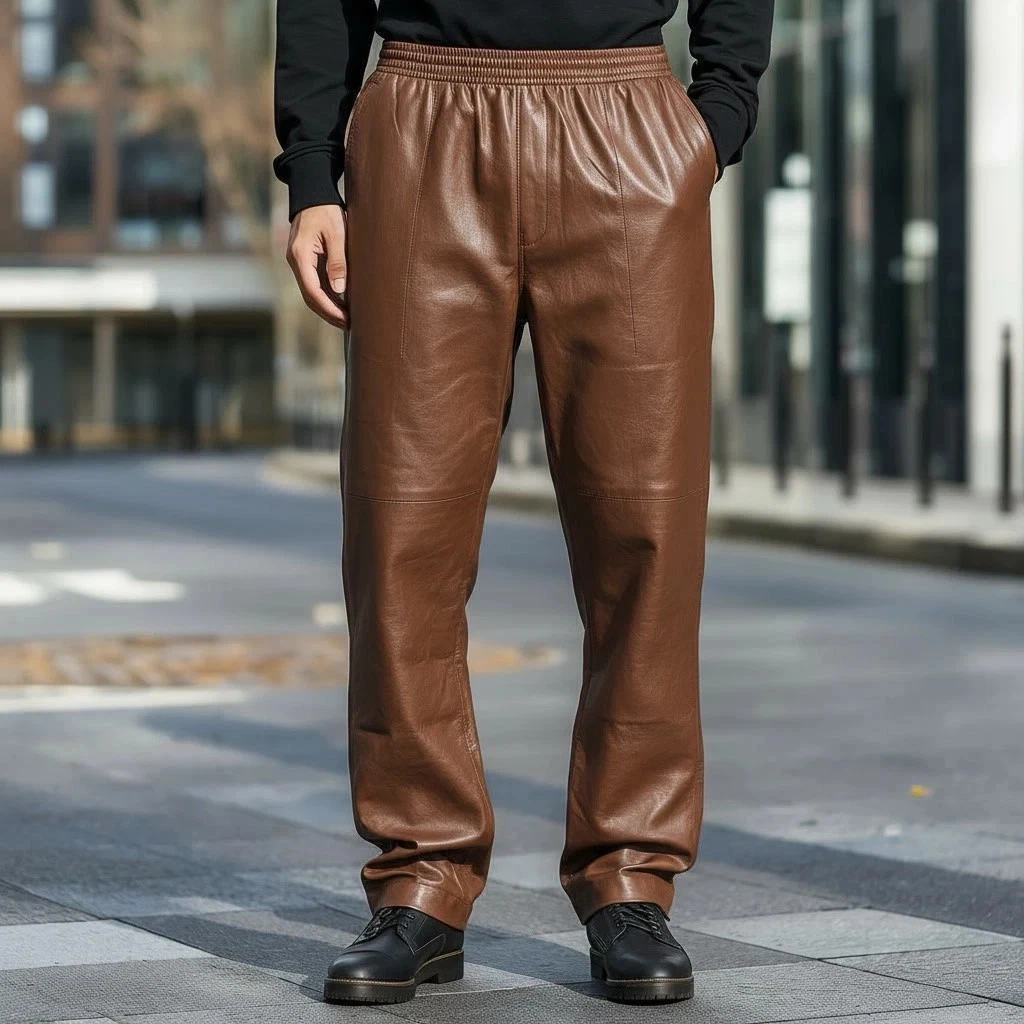 Men's Real Cow Soft Leather Brown Jogger Pant Handmade Straight Leg Fit Pant
