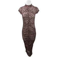 PrettyLittleThing Brown Mesh Animal Zebra Print High Neck Maxi Bodycon Dress 4