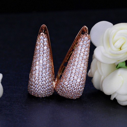 Boucles d'oreilles longues grandes cerceaux en zircone cubique plaquées or rose - Photo 6/11