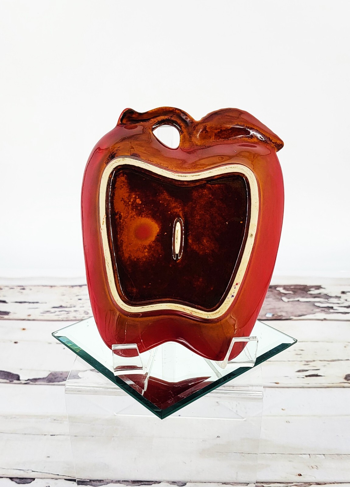 California Pottery Ceramic Red Apple Spoon Rest Trinket or Candy Dish MCM Kitsch