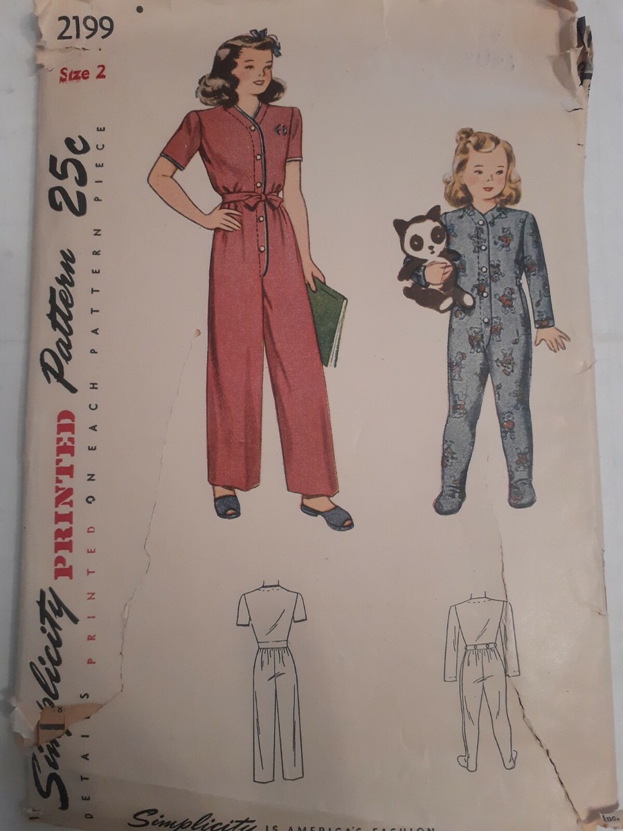 Pajamas Sleeper Footed Simplicity Sewing Pattern 2199 Girls Cut VTG 40's