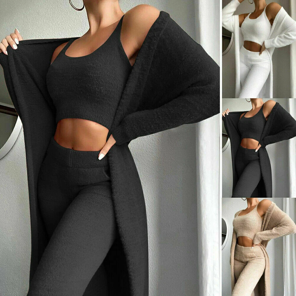 3 Piece Womens Teddy Fleece Soft Pyjamas Loungewear Tracksuits