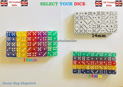 Neue blickdichte 14 16 mm sechsseitige Punktwürfel D6 RPG für Ludo Monopoly Brettspiele UK