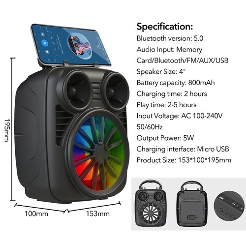 Bluetooth Speaker Mini Portable AUX SD/TF FM Radio Indoor Outdoor Party Lights