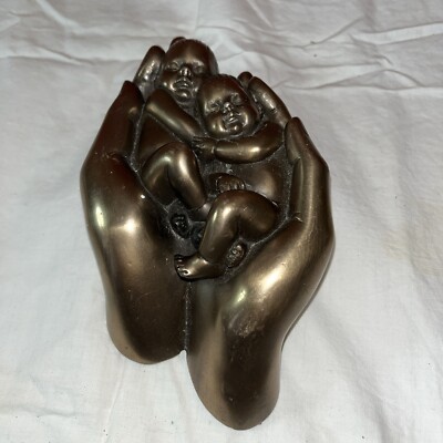 Babies In Protective Hands Figurine Statue Brass Sculpture Baby Birth Twins G