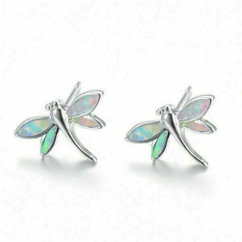 Cute Silver Wedding Jewelry Opal Dragonfly Fire White Women Earrings Plated - Picture 9 of 12