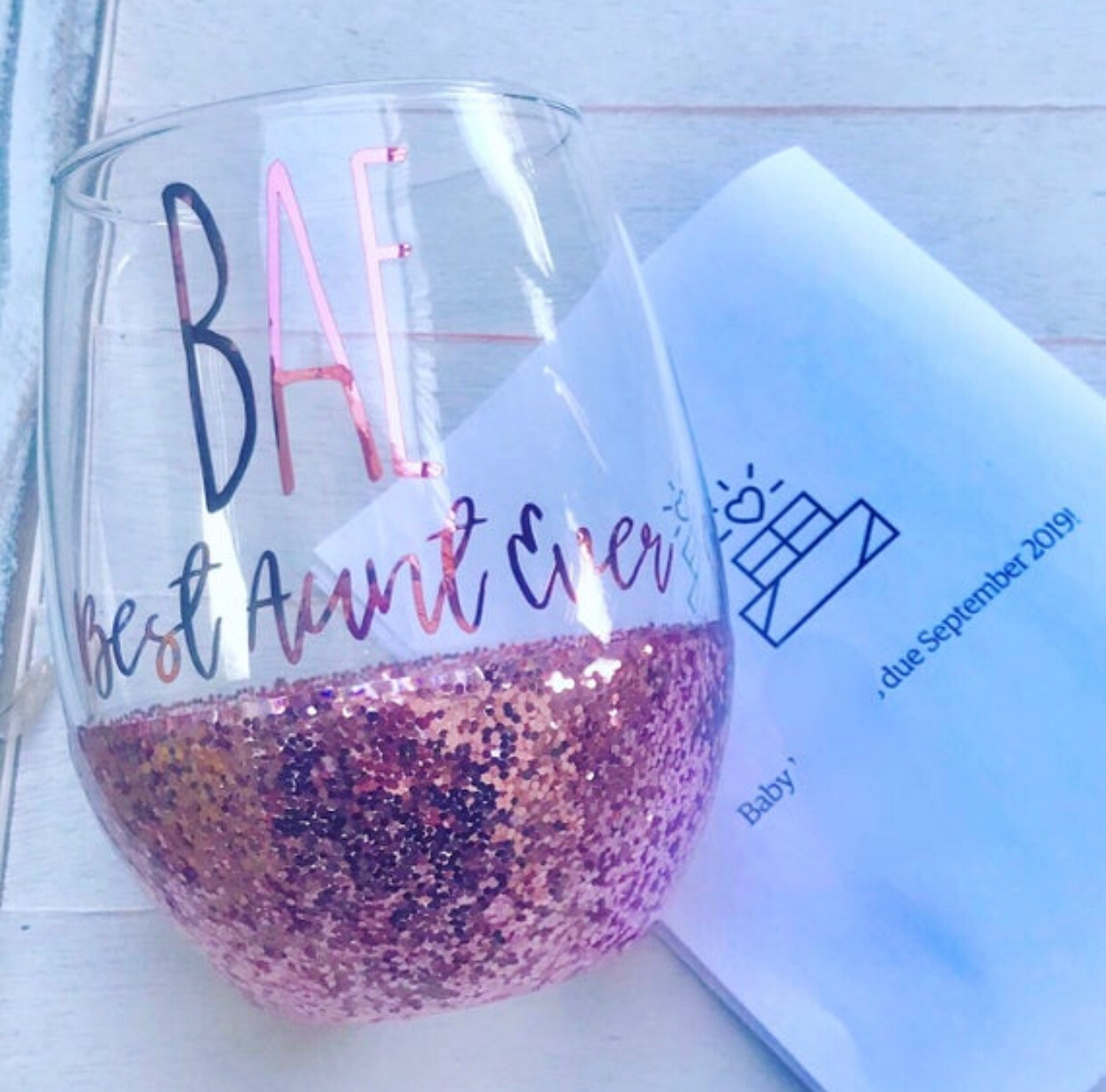CHUNKY GLITTER BAE BEST AUNT EVER ROSE GOLD WINE GLASS 15 OZ GIFT FOR