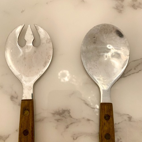Par de utensilios MCM de acero inoxidable con mango de teca estilo danés vintage - Imagen 3 de 12
