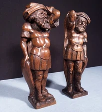 15" Pair of French Antique Solid Walnut Wood Figures/Support Posts Pillars