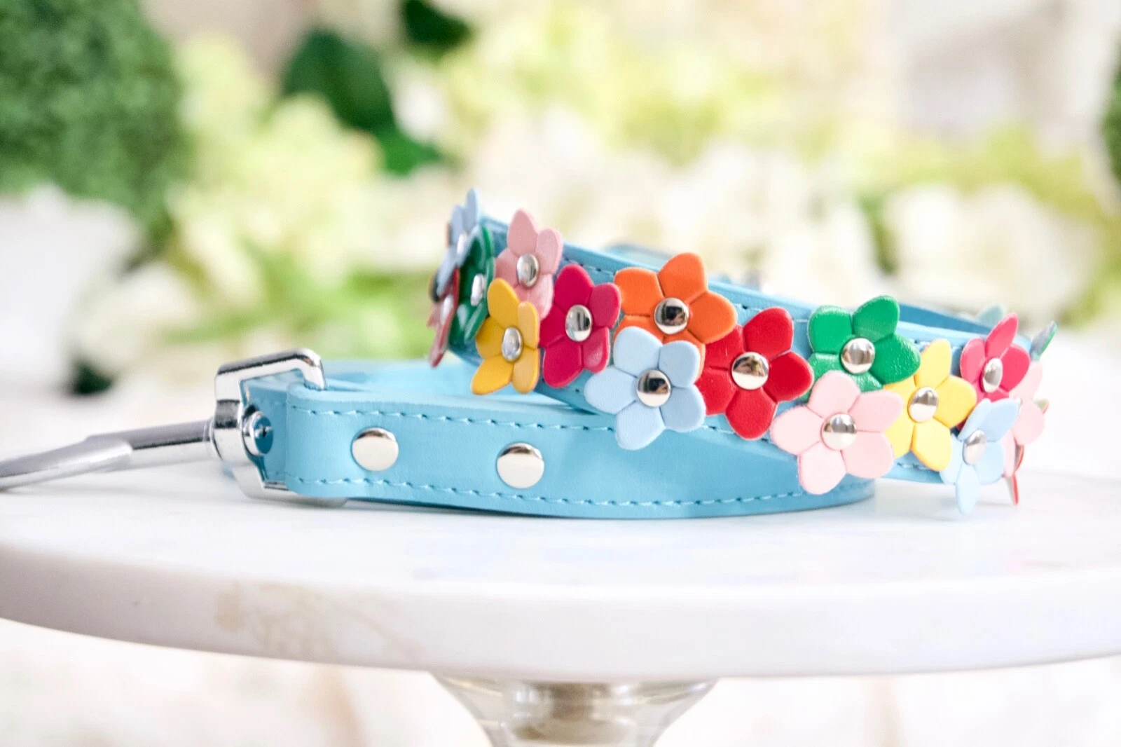 NEW Luxury 2 Piece Set Sky Blue Rainbow Daisy Vegan Pet Collar & Leash Dogs Cats